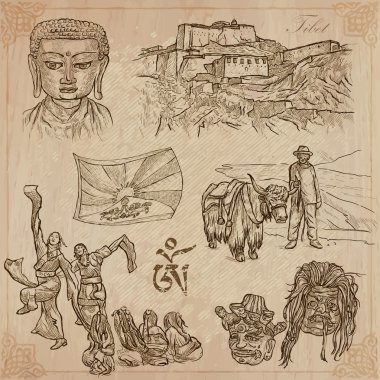 Tibet. Seyahat - hayat resimleri. Vektör paketi.