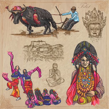 Tibet. Seyahat - hayat resimleri. Vektör paketi.