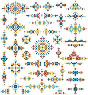 Parlak geometrik aşiret tasarım öğeleri kümesi. Vektör çizim piksel sanat tarzı.