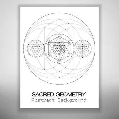 kutsal geometri çizim, Metatrons Cube ve daireler halinde heksagramlar ile bstract broşür şablonu. Vektör çizimi.