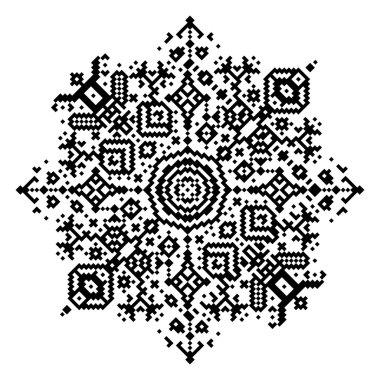 Piksel sanat stilinde geometrik yuvarlak eleman, kar tanesi veya mandala. Monokrom minimalizm soyut sembolü. Vektör çizimi.