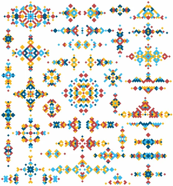 Set of bright geometric tribal design elements. Vector illustration in pixel art style. — Stock Vector