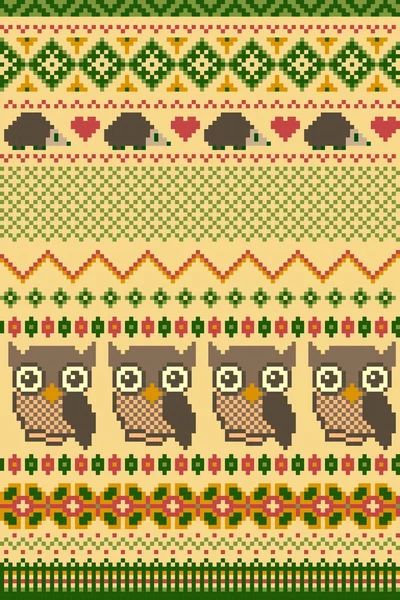 Pixel bright seamless winter pattern with stylized owls and hedgehogs. Vector illustration. — Stock Vector