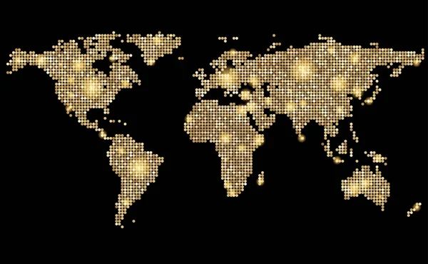 Welt abstrakt gepunktet stilisierte goldene Landkarte auf schwarz. Vektorillustration. — Stockvektor