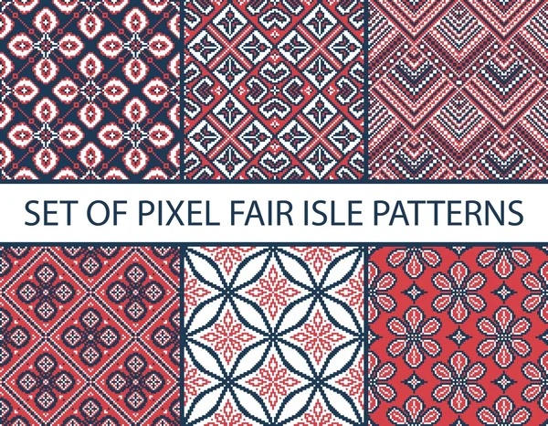 様式化された公正な島飾りとピクセル レトロなシームレス パターンのコレクションです。ベクトル図 — ストックベクタ