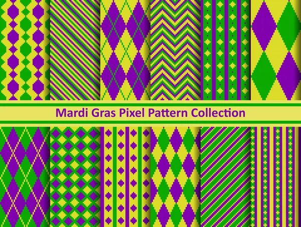 Mardi Gras pixel seamless pattern set in holiday colors. Vector illustration. — Stock Vector