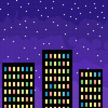 Pixel art cityscape silhouette by starry night.