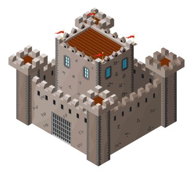 Ortaçağ taş castle izometrik simgesi. Vektör çizim.