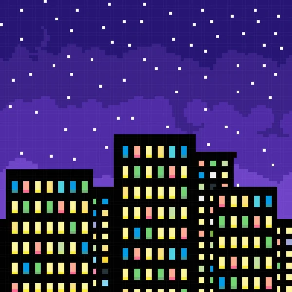 Pixel art cityscape silhouette by starry night. — ストックベクタ