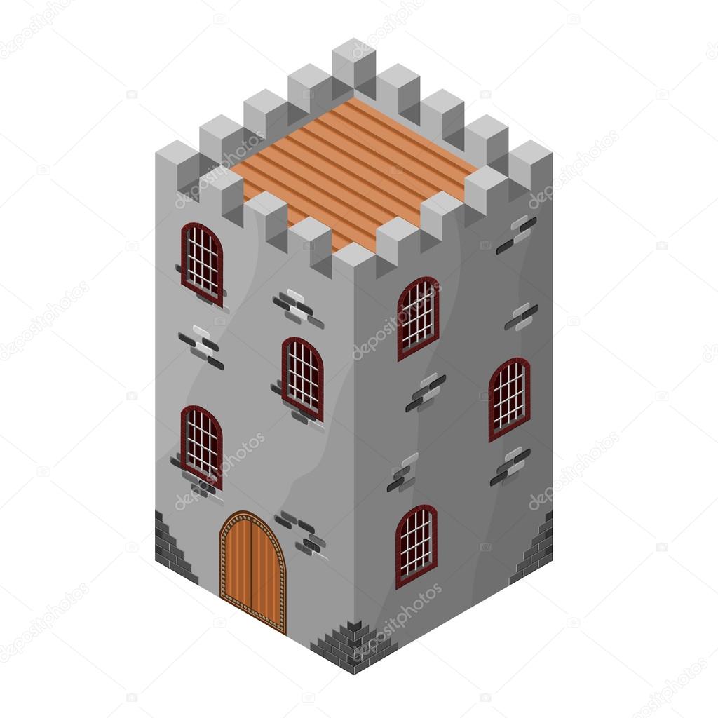 Isometric icon of medieval tower or prison. Vector illustration. Stone built fort or castle.
