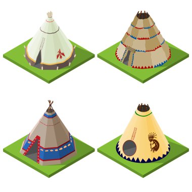 Güzel görünümlü parlak isometrik hint wigwams ve çadır seti. Vektör çizimi.