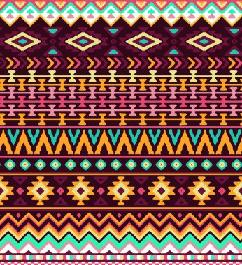 Aztek etnik ve aşiret süsile dikişsiz stilize çizgili desen. Vektör parlak renkler boho moda illüstrasyon.