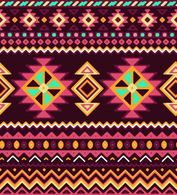 Aztek etnik ve aşiret süsile dikişsiz stilize çizgili desen. Vektör parlak renkler boho moda illüstrasyon.