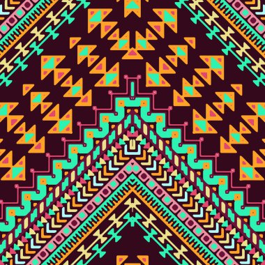 Aztek etnik ve aşiret süsile dikişsiz el çizilmiş chevron desen. Vektör koyu ve parlak renkler boho moda illüstrasyon.