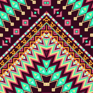 Aztek etnik ve aşiret süsile dikişsiz el çizilmiş chevron desen. Vektör koyu ve parlak renkler boho moda illüstrasyon.