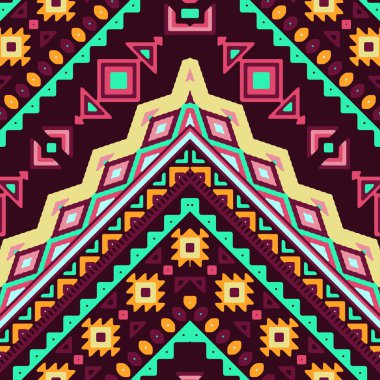 Aztek etnik ve aşiret süsile dikişsiz el çizilmiş chevron desen. Vektör koyu ve parlak renkler boho moda illüstrasyon.