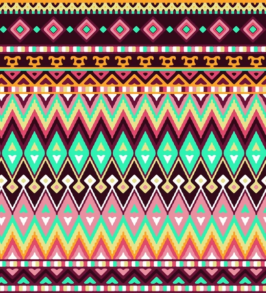 Seamless stylized stripes pattern with aztec ethnic and tribal ornament. Vector bright colors boho fashion illustration. — Stock Vector