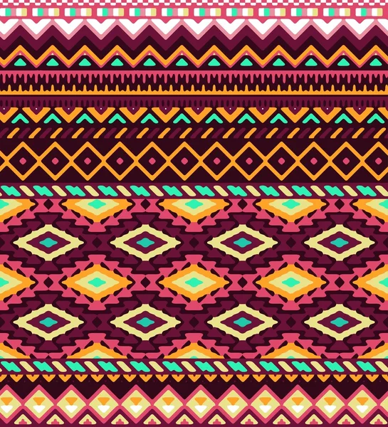 Patrón de rayas estilizadas sin costuras con adorno étnico y tribal azteca. Vector colores brillantes boho moda ilustración . — Archivo Imágenes Vectoriales