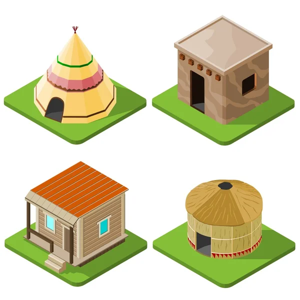 Conjunto de bonitas casas nativas isométricas tribales brillantes, cabañas y tiendas de campaña. Ilustración vectorial . — Archivo Imágenes Vectoriales