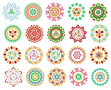 Parlak renkli geometrik yuvarlak etnik dekoratif unsurların koleksiyonu
