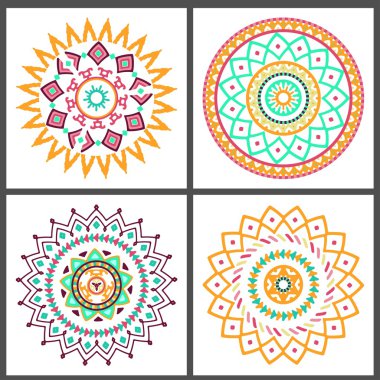 Parlak renkli geometrik yuvarlak etnik dekoratif unsurların koleksiyonu