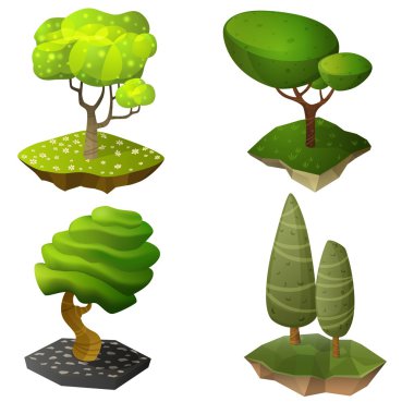 İzometrik parlak çizgi film ağaçları seti.