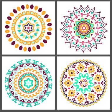 Parlak renkli geometrik yuvarlak etnik dekoratif unsurların koleksiyonu