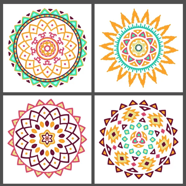 Collection of bright colorful geometric round ethnic decorative elements — Stock Vector