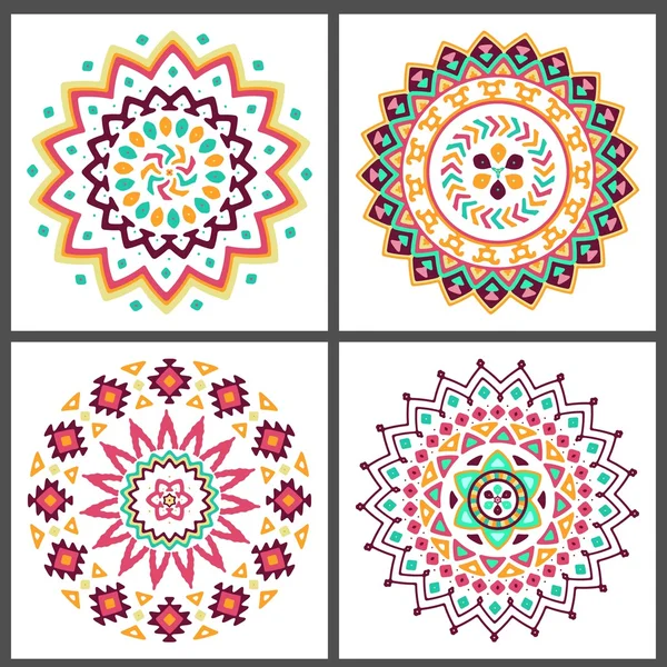 Collection of bright colorful geometric round ethnic decorative elements — Stock Vector