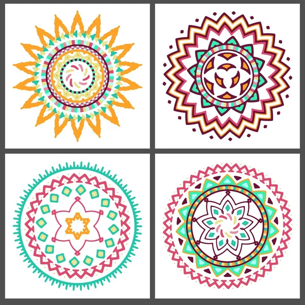 明るいカラフルな幾何学的な円形の民族装飾要素のコレクション — ストックベクタ