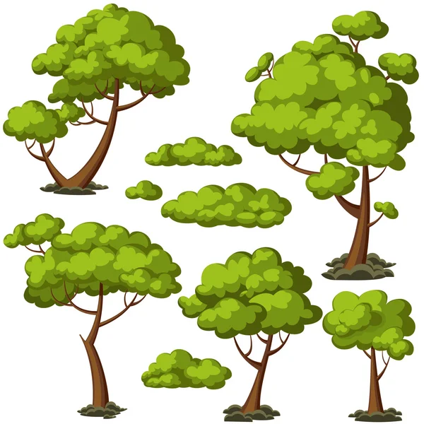 Set of funny cartoon trees and green bushes. — Stock Vector