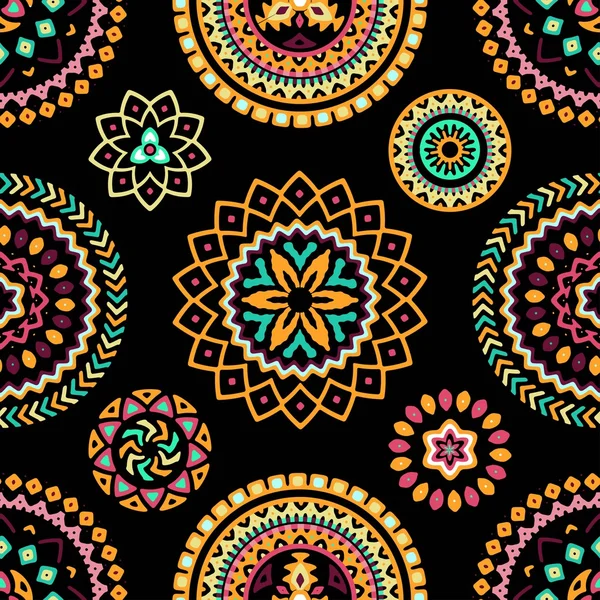明るいカラフルな幾何学的なラウンド民族装飾的な要素のシームレス パターン — ストックベクタ