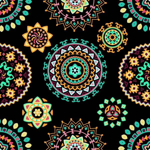 Parlak renkli geometrik yuvarlak etnik dekoratif elemanları seamless modeli — Stok Vektör