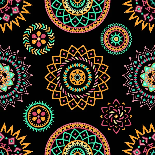 Безшовний візерунок яскравих барвистих геометричних круглих етнічних декоративних елементів — стоковий вектор