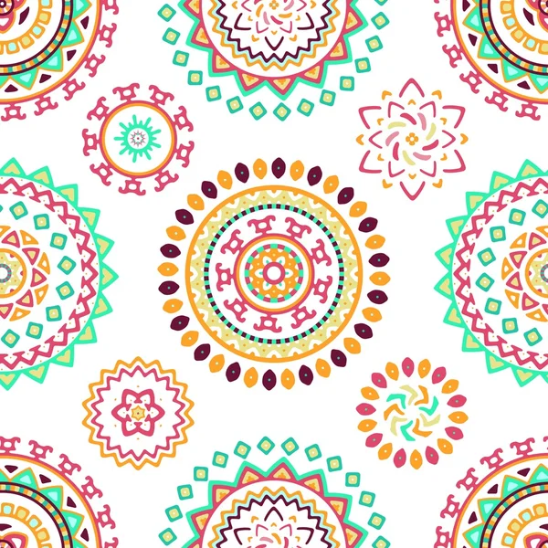 Seamless pattern of bright colorful geometric round ethnic decorative elements — Stock Vector