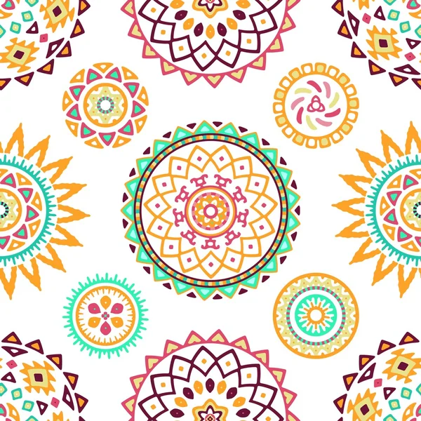 Seamless pattern of bright colorful geometric round ethnic decorative elements — Stock Vector