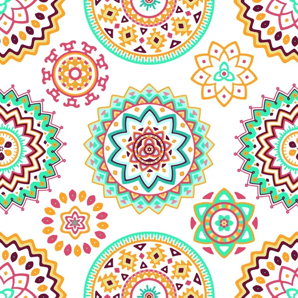 Seamless pattern of bright colorful geometric round ethnic decorative elements — Stock Vector