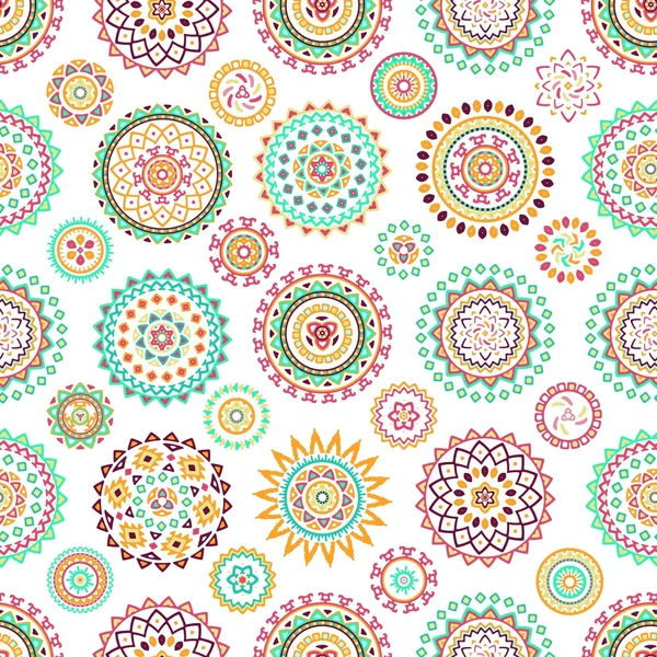 Бесшовный узор ярких красочных геометрических круглых этнических декоративных элементов — стоковый вектор