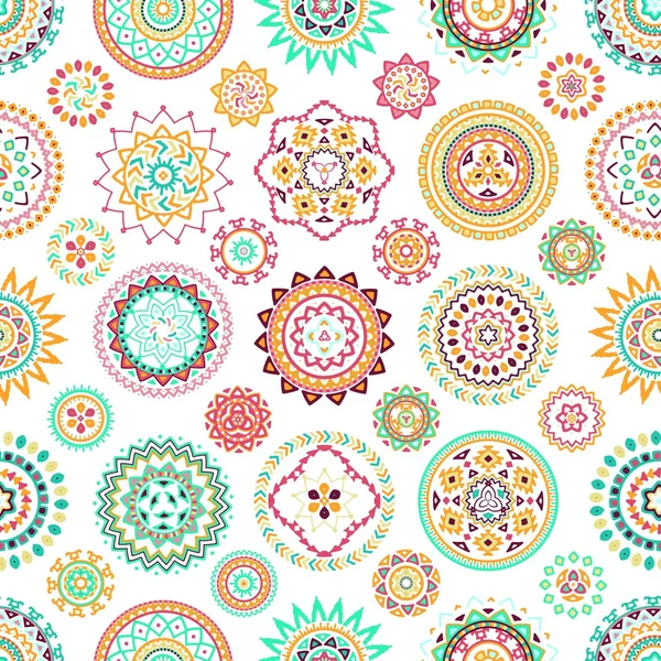 Seamless pattern of bright colorful geometric round ethnic decorative elements — Stock Vector