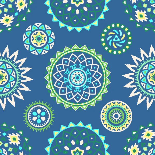 Seamless pattern of bright colorful geometric round ethnic decorative elements — Stock Vector