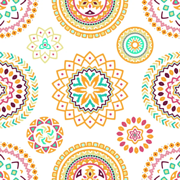 Seamless mönster av ljusa färgglada geometriska runda etniska dekorativa element — Stock vektor