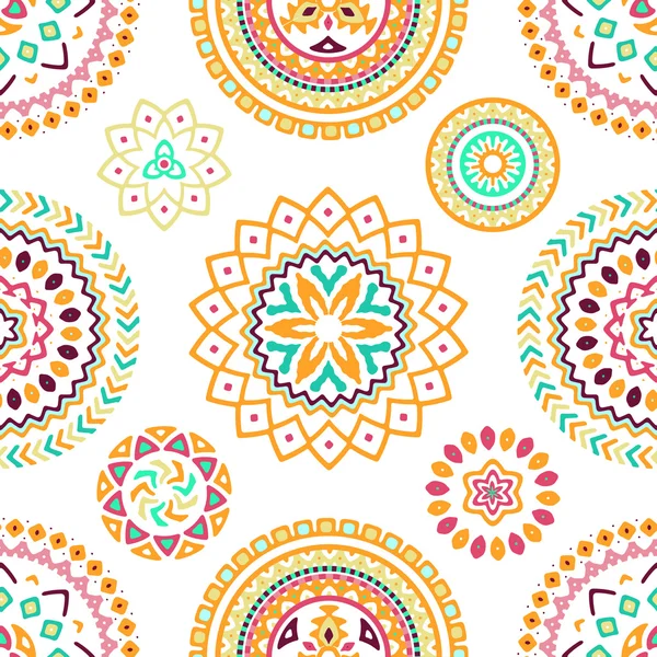 Seamless pattern of bright colorful geometric round ethnic decorative elements — Stock Vector