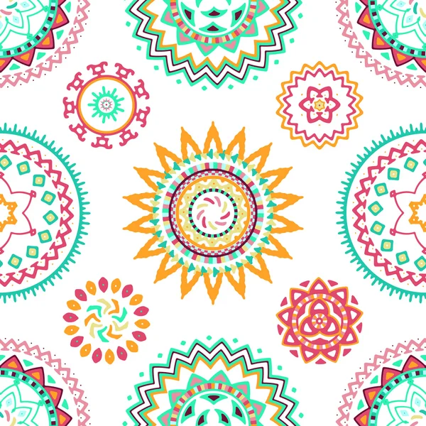 Seamless pattern of bright colorful geometric round ethnic decorative elements — Stock Vector