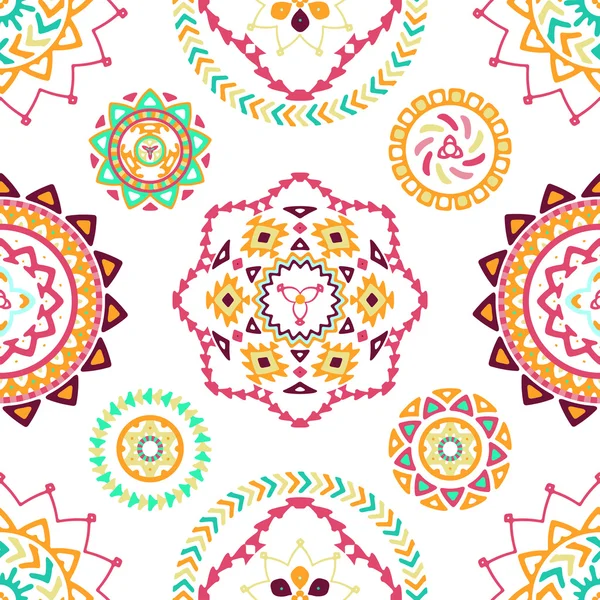 Seamless pattern of bright colorful geometric round ethnic decorative elements — Stock Vector