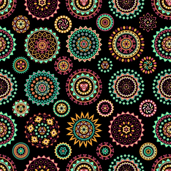 Modèle sans couture d'éléments décoratifs ethniques ronds géométriques colorés lumineux — Image vectorielle
