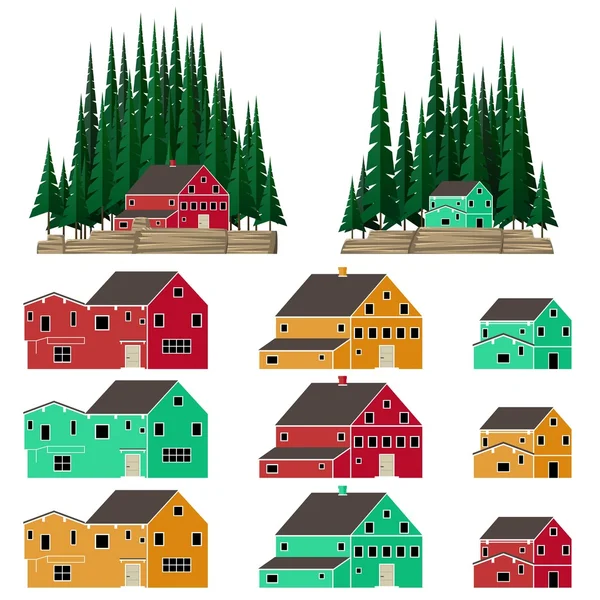 Paysage montagnard et forestier avec des maisons lumineuses de style canadien . — Image vectorielle