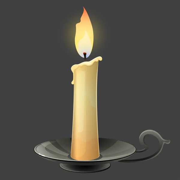 Горящая свеча в металлическом подсвечнике . — стоковый вектор