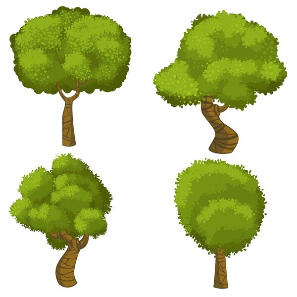 Set of funny cartoon trees and green bushes