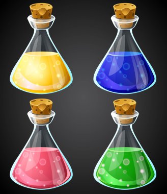 Vektör karikatür iksir şişesi kümesi. Oyun simgeleri için renkli sıvı ile şişe