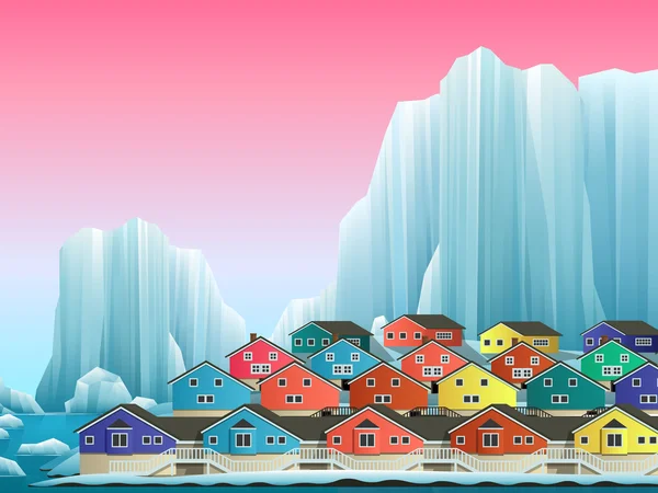 Illustration der arktischen Grönlandstadt mit hellen Häusern. — Stockvektor